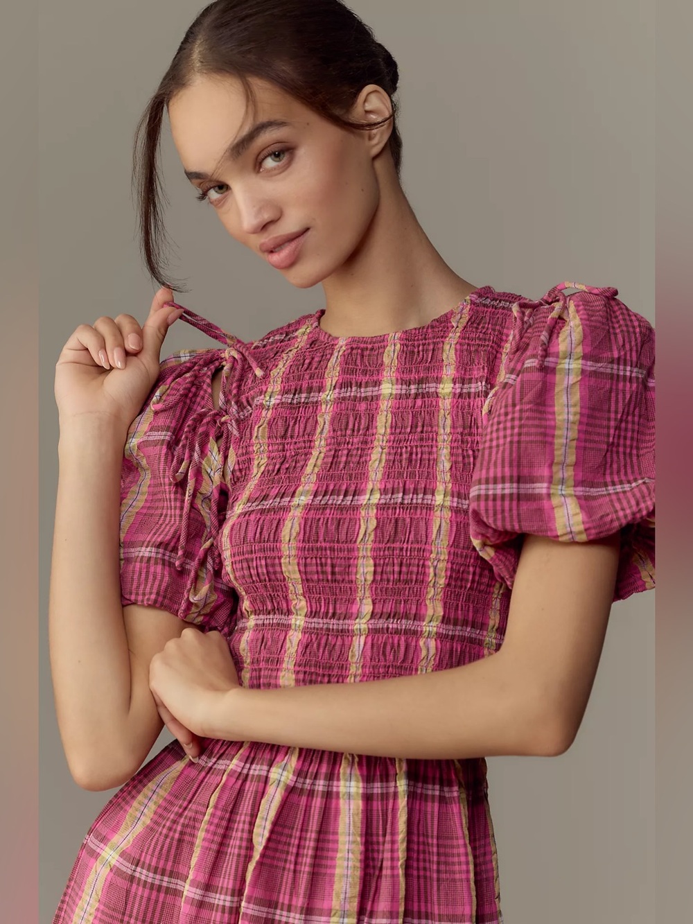 Damson Madder Becca Multi-Way Midi Dress in Pink/Khaki Check | US 12 - Picture 3 of 16